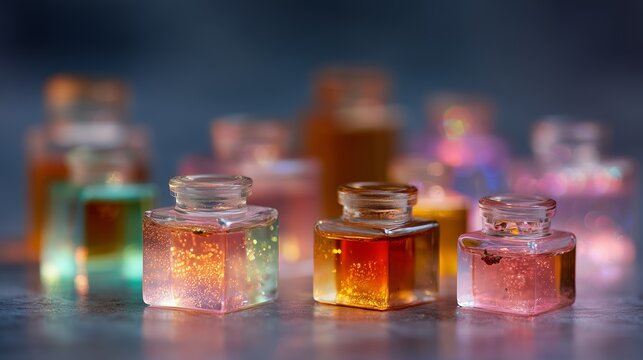 Vibrant glass bottles filled with shimmering colorful liquids. Ideal for themes of magic, fantasy, or apothecary displays. - Powered by Adobe