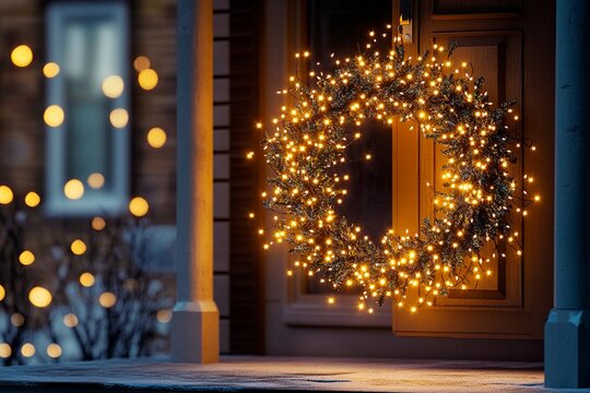 Twinkling fairy lights enhance a festive Christmas wreath on a cozy home entrance at night