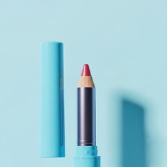 Red-Tipped Lipstick Crayon with Turquoise Casing on Light Blue Background