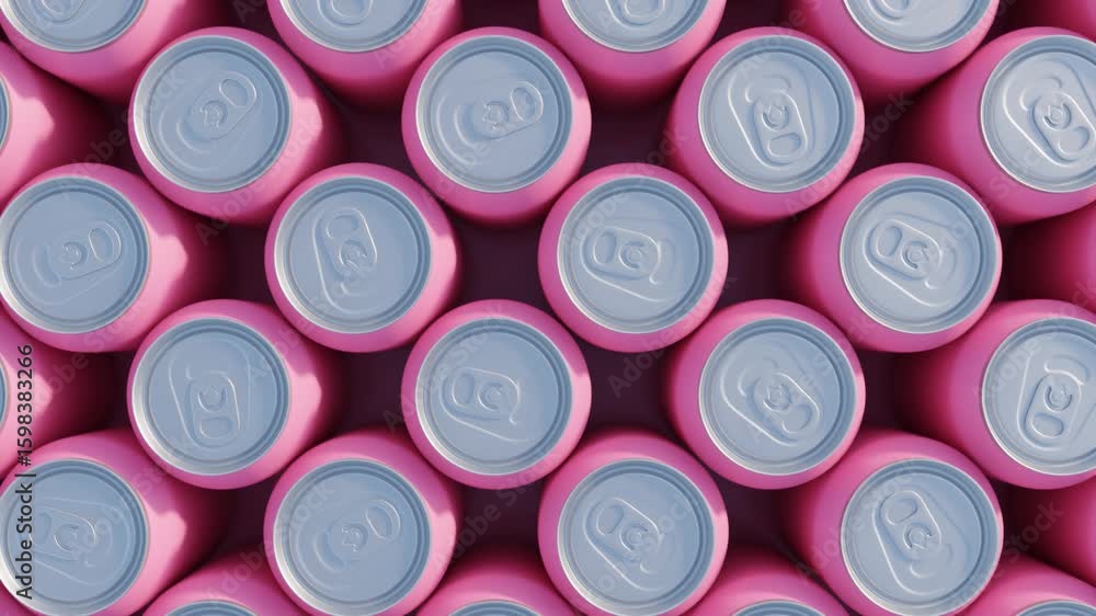 Poster abstract 3d top-down view of pink aluminum drink cans aligned in perfect rows. seamless loop backgro
