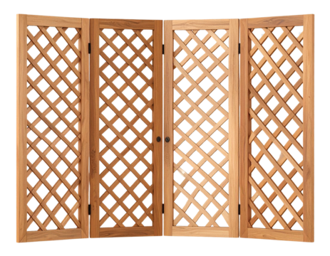 Lattice wood room divider, foldable, transparent background