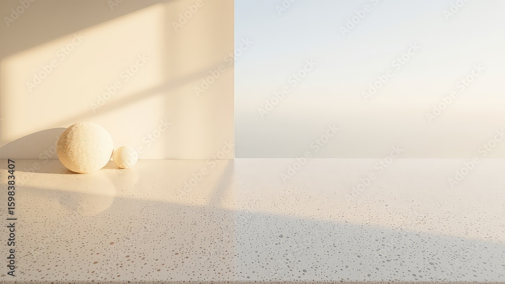 Poster minimalist composition featuring spheres and serene lighting on a textured surface and soft backgrou