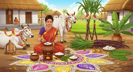 Illustration of a South Indian woman celebrating the Pongal harvest festival with traditional food, rangoli, and decorated oxen in a village