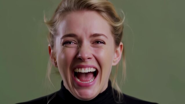 This close-up shot features a cheerful blonde young adult woman wearing a black turtleneck. She displays an extreme, humorous facial expression with a wide-open mouth and scrunched eyes.