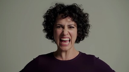 This static close-up captures a young adult woman with dark curly hair displaying a range of strong emotions, including intense frustration, anger with gritted teeth, and wide-eyed surprise.