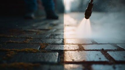 Close-up of a pressure washer cleaning moss-covered pavement, illustrating effective outdoor maintenance and surface restoration techniques.