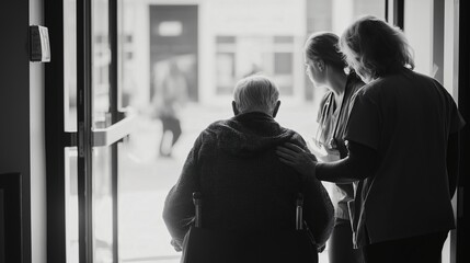 Empathy and assistance shown in a heartening scene of elderly care, showcasing the dedication and support of healthcare professionals as they help an elderly individual navigate a doorway.