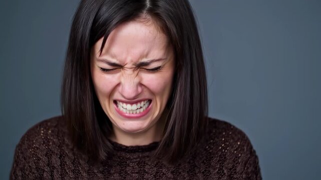 A close-up shot of a young adult woman with dark hair demonstrating a strong negative reaction. Her face is contorted in disgust with eyes tightly shut and mouth open.