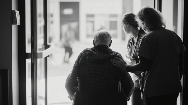 Empathy and assistance shown in a heartening scene of elderly care, showcasing the dedication and support of healthcare professionals as they help an elderly individual navigate a doorway.