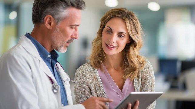 A compassionate doctor discussing with a patient a tablet displaying medical information, a symbol of patient-centered healthcare, fostering trust and understanding. 