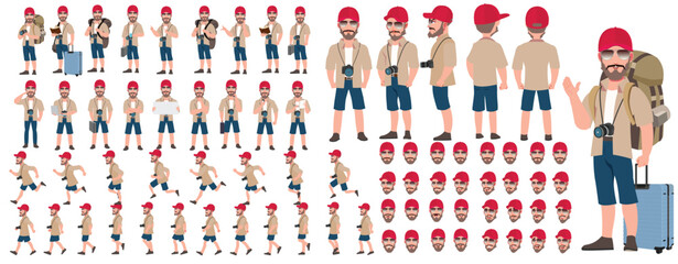 Traveler character model sheet, Character poses, expressions, Walk cycle, Run cycle animated character sequences.