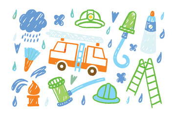 Cartoon Firefighter Elements: Whimsical illustration of various firefighter elements, including a fire truck, helmets, fire hose, and ladder. A lively visual story of firefighting
