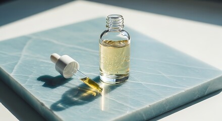 Serene Amber Serum: Glass Bottle & Dropper on Teal Marble