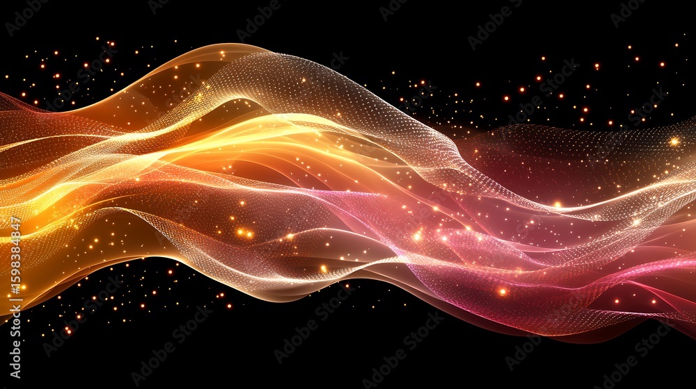 Poster abstract design with flowing lines and shimmering particles.