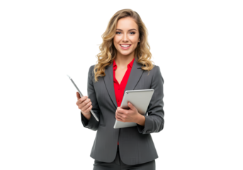 Confident Businesswoman Tablet Pen and Professional Attire