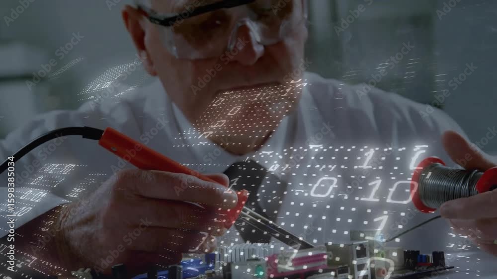 Poster technician picking red probe and feeding wire over electronics board while grid visualizing flow