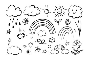 Fototapeta premium Whimsical Doodle Elements: Playful sketches of clouds, rainbows, flowers, and a smiling sun capture the essence of joy and natural beauty in an illustrative design. 