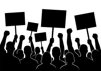 Silhouettes of protest crowd holding blank placards and raising fists. Vector illustration for demonstration, activism, political rally, and civil rights.