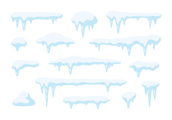 Cartoon set of snow caps and icicles in various shapes. Winter and cold season decoration vector elements.