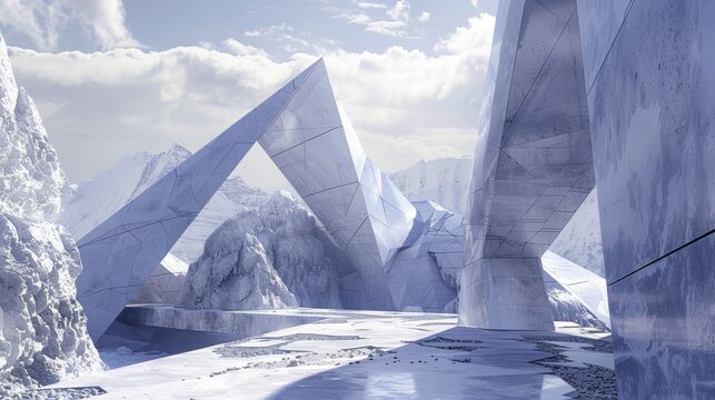 A futuristic take on a volcanic landscape where geometric shapes reign supreme.