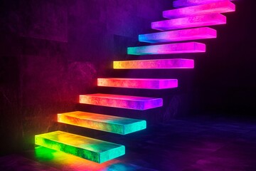 Floating staircase illuminated with vibrant colors creates a modern and artistic focal point in a contemporary interior