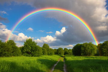 Naklejka premium Rainbow over field, Photo