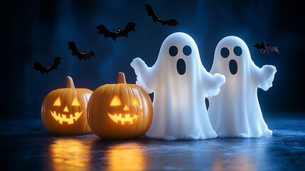 Halloween ghosts and pumpkins on a dark surface.
