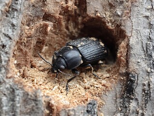 A black beetle emerges from a hole in a tree trunk, showcasing its natural habitat