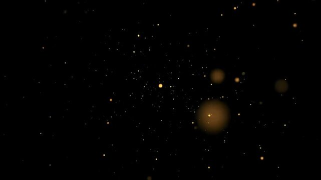 Shimmering golden particles light dust specks and bokeh effect floating on black background for elegant abstract overlay festive holiday design and luxury celeb