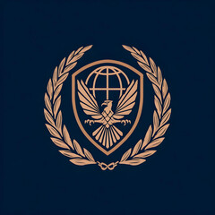 Obraz premium A blue crest featuring a gold globe, eagle, and laurel wreath is displayed. 