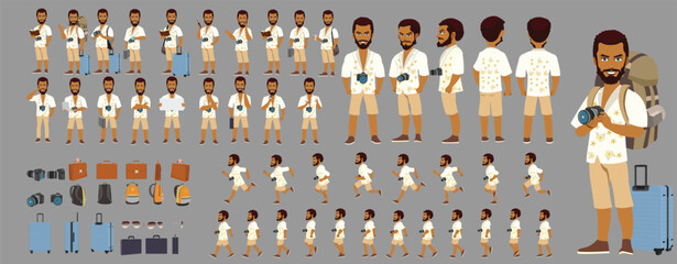 Traveler character model sheet, Character poses, expressions, Walk cycle, Run cycle animated character sequences.