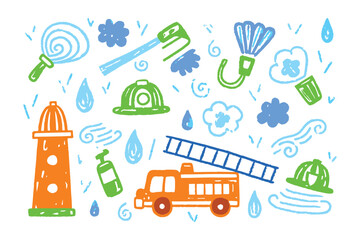 Fototapeta premium Emergency Service Doodle: A playful illustration of emergency service items, rendered in a charming doodle style, bringing a sense of fun and visual appeal.