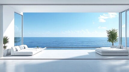 Fototapeta premium Panoramic ocean view from a modern, white interior space.
