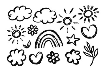 Hand-Drawn Doodle Collection: a collection of hand-drawn doodles, featuring cheerful clouds, radiating suns, blooming flowers, a vibrant rainbow, and a heartfelt love.