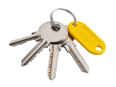 Bunch of keys with yellow label on transparent background