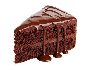 Delicious chocolate cake slice dripping with chocolate icing on transparent background