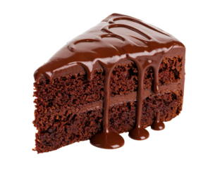 Delicious chocolate cake slice dripping with chocolate icing on transparent background