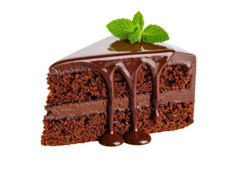 Delicious chocolate cake slice dripping with chocolate icing and mint leaf on transparent background
