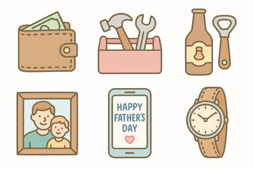 Cartoon icons for Father’s Day: wallet, toolbox, beer bottle, photo frame, smartphone, and watch. Pastel tones, clean lines, minimal expressions.