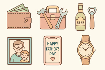 Hand-drawn pastel icon set of Father’s Day essentials. Ideal for cards, gifts, posters, apps, and stock illustrations celebrating dads.

