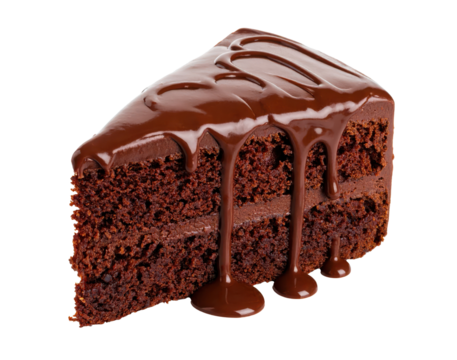 Delicious chocolate cake slice dripping with chocolate icing on transparent background