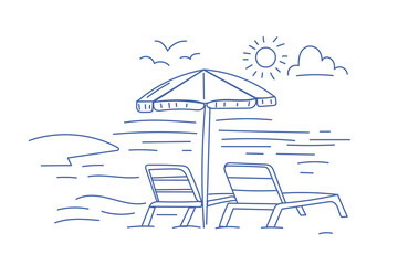 Doodle Tropical Exotic Beach Sun Beds Sea Coast View Outline Contour Illustration. Cute Decorative Simple Symbol Silhouette. Travel Resort Party Card Decoration.