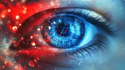Close-up of a vibrant blue eye with red and blue bokeh effect.