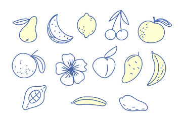 Doodle Tropical Exotic Fruit Outline Contour Icon Set. Funny Cute Decorative Simple Symbol Silhouette. Travel Resort Party Card Decoration.
