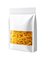 White doypack packaging with transparent window displaying fusilli pasta, ideal for showcasing food products