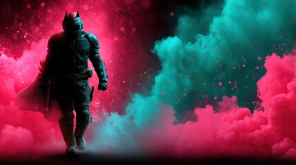 A mysterious armored figure strides through colorful smoke, creating an enchanting atmosphere that accentuates the intrigue of the character and evokes feelings of anticipation and suspense amidst a 