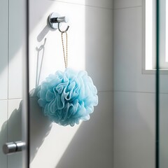 Serene Shower: Light-Drenched Blue Bath Pouf Hanging in Modern Bathroom