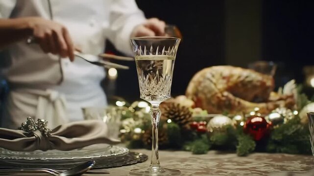 Elegant dinner setting with sparkling glassware and festive decorations for a joyful holiday celebration.