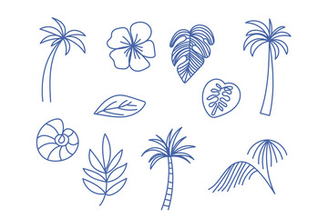 Doodle Tropical Exotic Sea Shell and Palm Tree Outline Contour Icon Set. Funny Cute Decorative Simple Symbol Silhouette. Travel Resort Party Card Decoration.