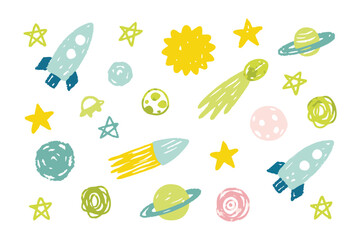 Childlike Space Exploration: Hand-drawn celestial elements - rockets, planets, and stars - come together to spark a sense of wonder and imagination for children. 